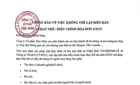THÔNG BÁO VỀ VIỆC KHÔNG THỂ LẬP BIÊN BẢN THAY THẾ / ĐIỀU CHỈNH HÓA ĐƠN GTGT