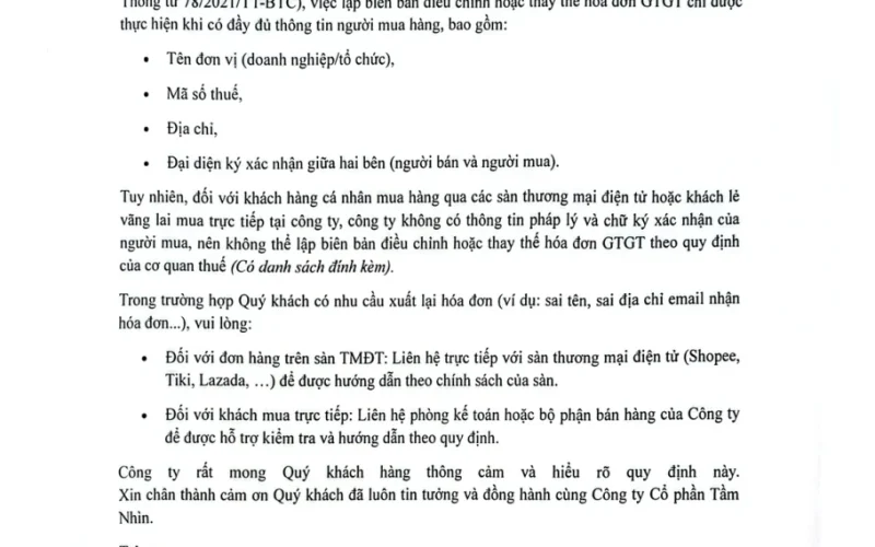 Thông báo về việc không thể lập biên bản thay thế / điều chỉnh hóa đơn GTGT